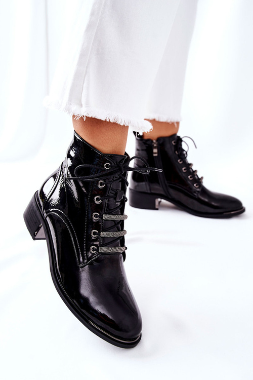 Klasické Dámské Teplé Boty Lakovane Černé Reflection