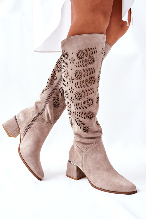 Prolamované Semišové Ploché Kozačky Béžové Romena