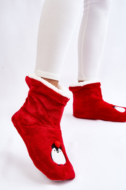 Dámské pantofle Teplé pantofle s tučňáky Červené