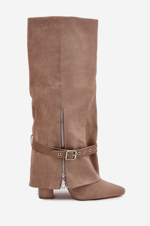 Dámske nazúvacie čižmy na podpätku s ozdobným pásikom Béžové Jolivine