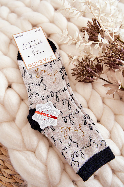 Teplé ponožky žien, béžové nápisy
