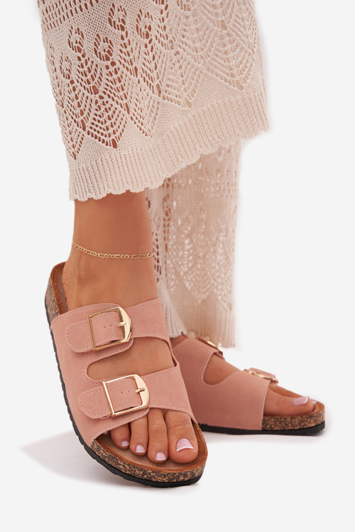 Dámske sandále na korkovej platforme so zlatými prackami ružové Lisavionea