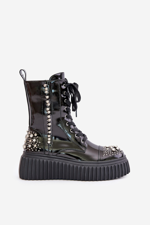 Lakovane Čižmy S Dekoráciou Na Platforme D&A MR880-079 Čierne