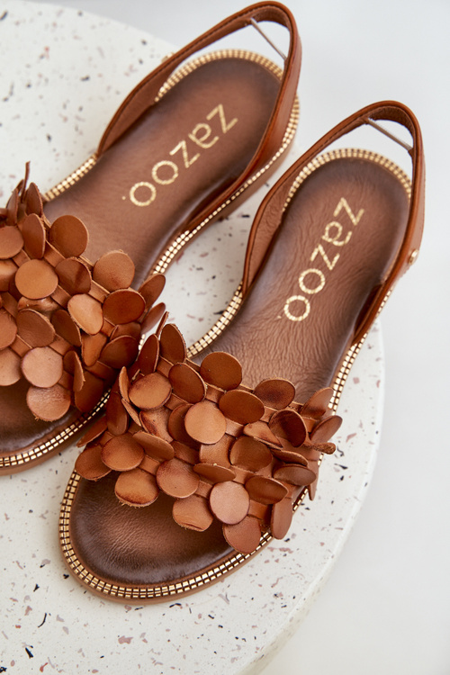 Kožené Sandály Na Ploché Podpatky Hnědé Zazoo 40425