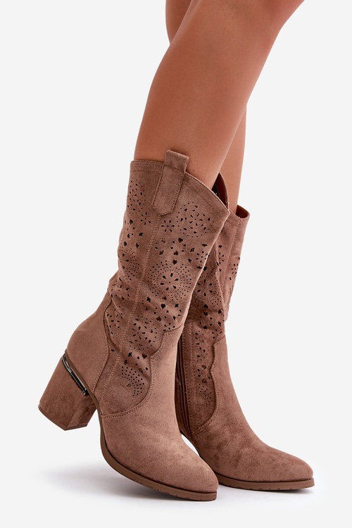 Dámské Krajkové Kovbojské Boty Na Podpatku Eko Semišové Hnědé S.Barski HY42-028