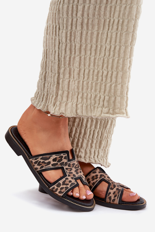 Kožené Ploché Pantofle S Panteřím Vzorem Zazoo 40383 Černé