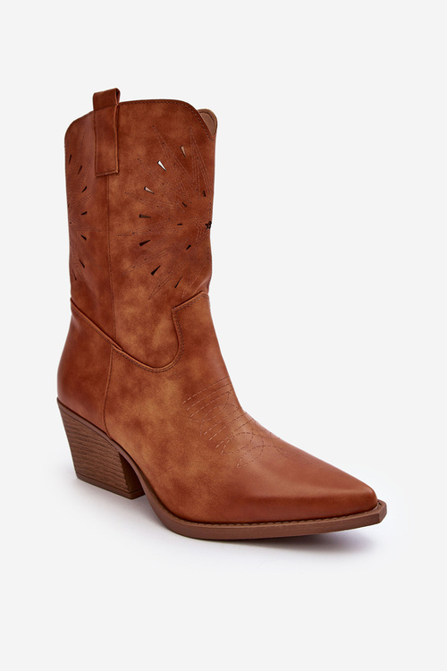 Kůže Cowboy Boty Na Nízkém Podpatku Camel Ursuline