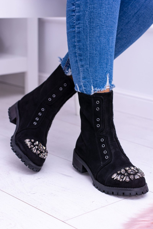 Lu Boo Čierne dámske členkové topánky kamienky Suede Carrie