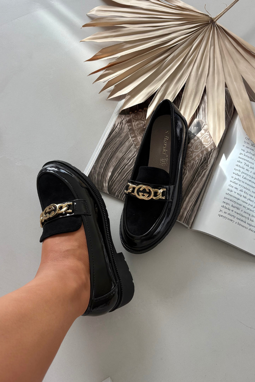 Lakované dámske mokasín s zlatým ozdobením S.Barski HY52-540 Čierne