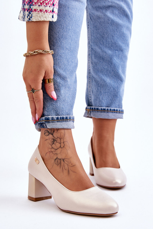 Kožené Lodičky Na Sloupku Sergio Leone PB178 Perleťově béžová