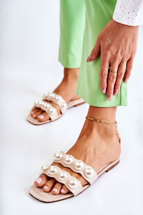 Dámské kožené pantofle s ozdobnými perlami Bezové Lasello