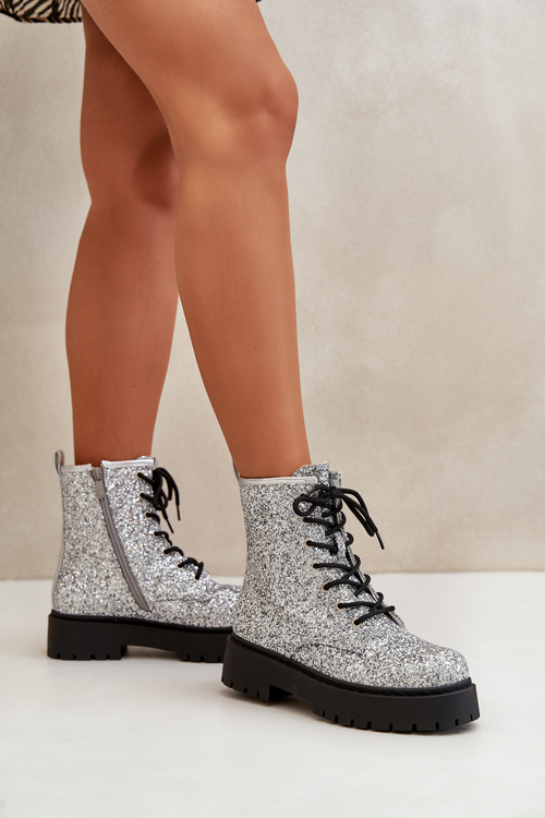 Zateplené členkové topánky pracovníčky dámske zdobené flitrami strieborné Liatheine
