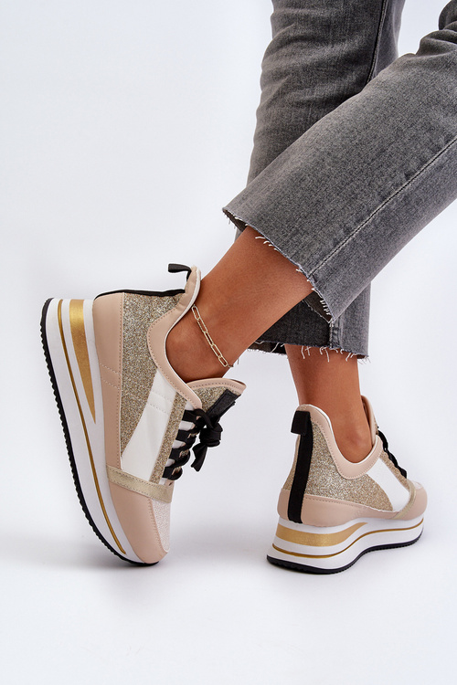 Dámske tenisky na platforme a s čižmou z brokátu zlaté Rafani
