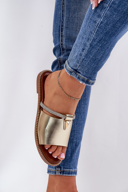 Eko Kožené Pantofle Na Plochém Podpatku S Ozdobným Páskem Zlaté Hirtewi