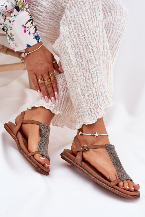 Ploché Elegantné Dámske Sandále S Kryštálmi Artiker 56C1365 Hnedé