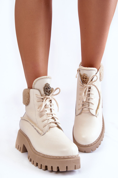 Dámské kožené trapperské boty Světle béžové Vergo