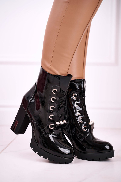 Topánky na stĺpiku s perly čierne lakované čierne zrkadlo