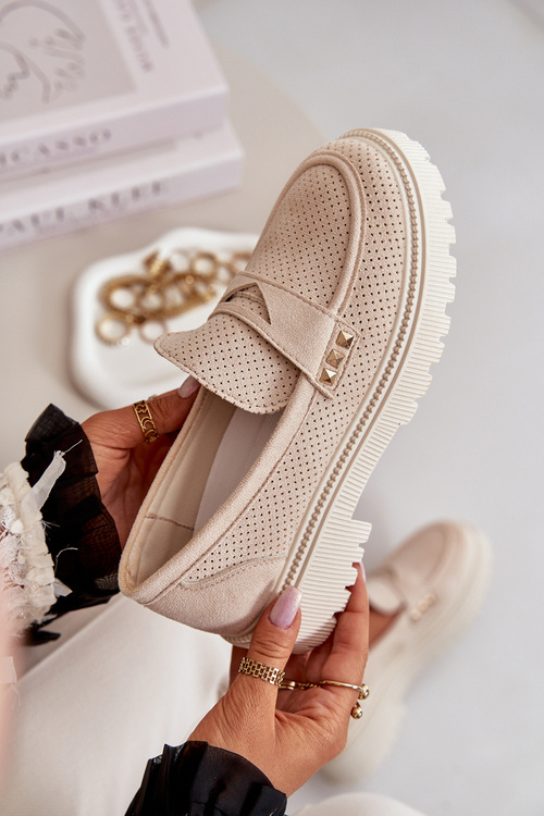 Dámské Děrované Polobotky Mokasíny Světle Béžové Tannes