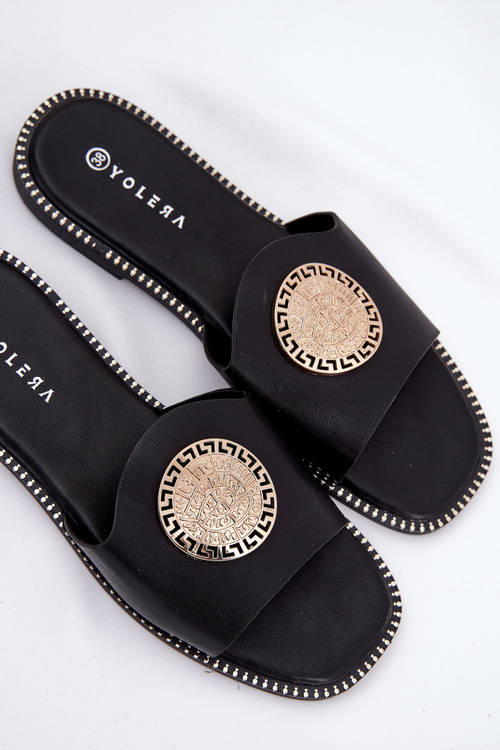 Ekokožené Pantofle Na Plošem Podpatku S Dekorací Černé Tatereia