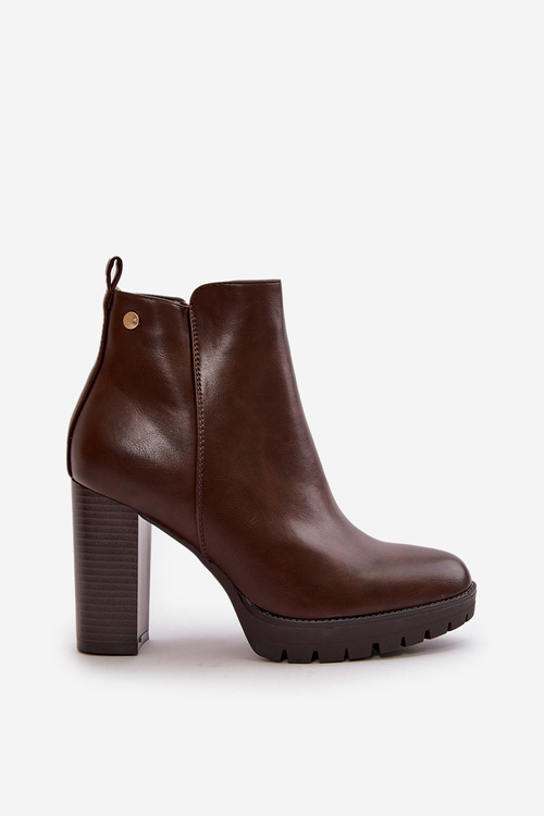 Dámske zimné topánky na vysokom opätku so zipsom tmavohnedé Bioria