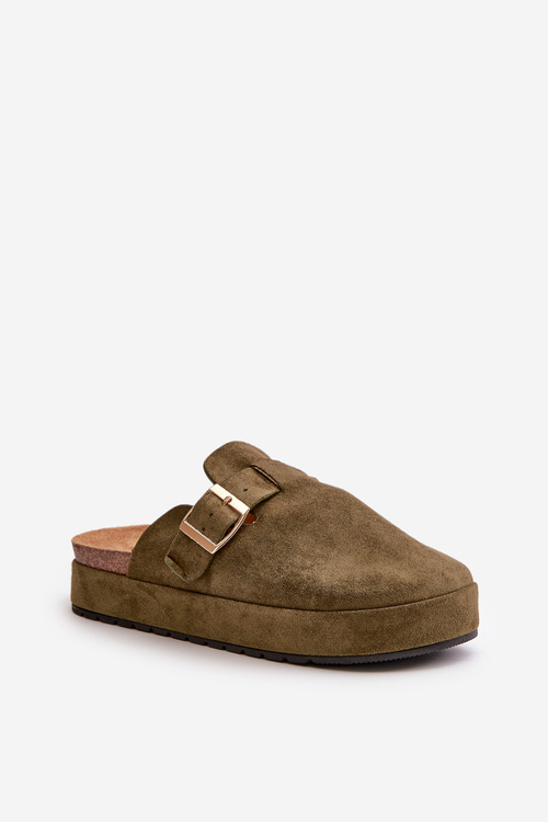 Dámské Pantofle Chodaky Na Platformě Se Zlatou Sponou Tmavě Zelené Terilaina