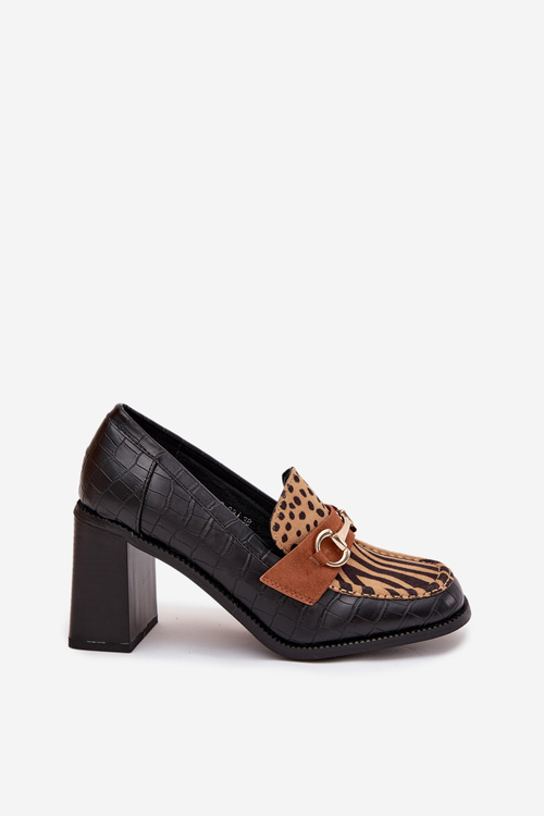 Dámske poltopánky na podpätku s reliéfom a zlatým detailom Čierno-bežové Novella