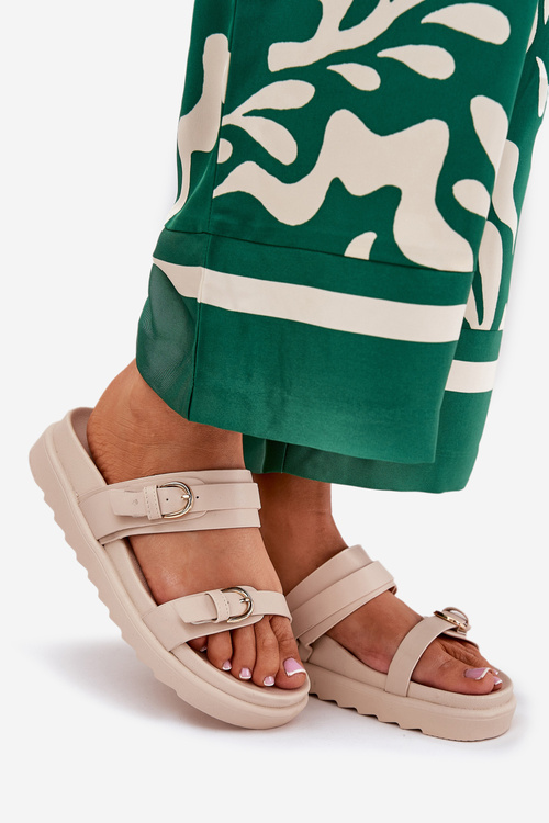 Dámské Pantofle Na Platformě Se Zlatými Sponami Béžové Wernone