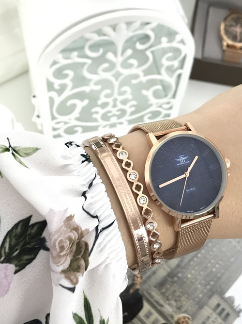 Dámske hodinky Michael John Elis Pink Gold / Navy Blue Shield