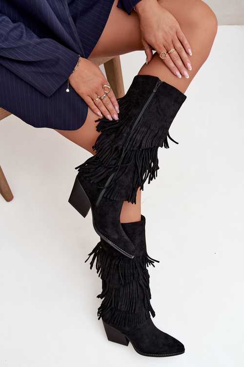 Vyhrievané Kožené Kozačky Ženy S Fringami Čierne Brivina