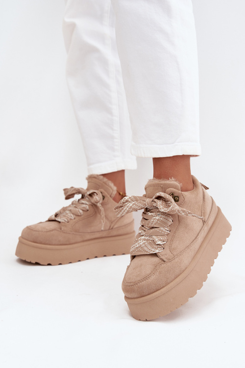 Šněrovací dámské sněhule na platformě zateplené kožíškem béžové Tavelle