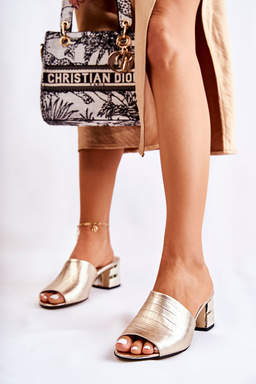 Krokodíl dámske kožené papuče so zlatými podpätkami