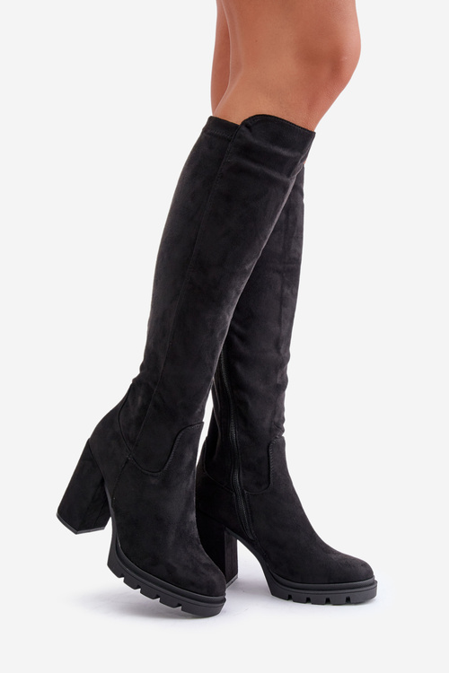 Zateplené dámske čižmy na podpätku eko zamšové čierne Tirisha