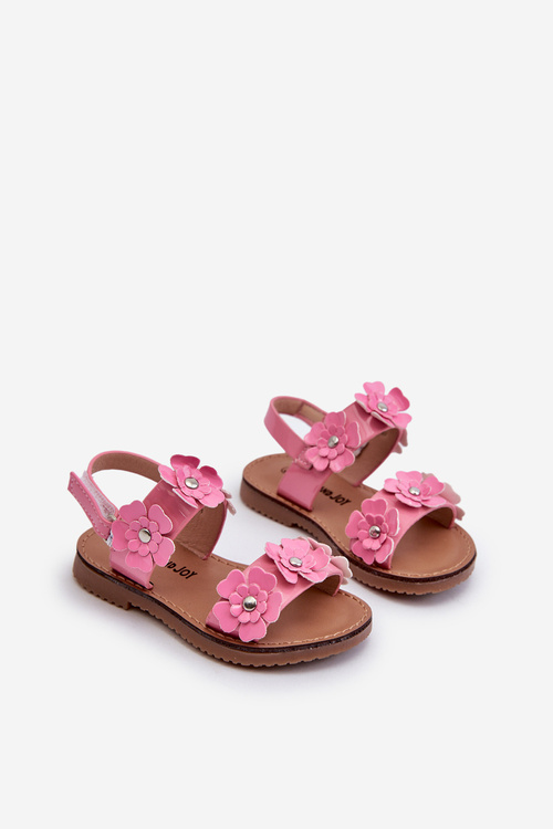 Ružové lakové detské sandálky zdobené kvetmi Tinette