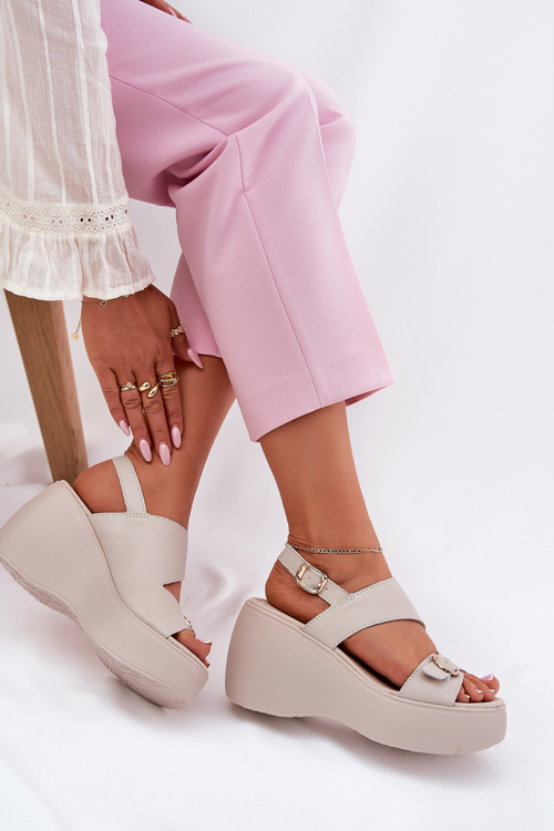 Kožené Dámské Sandály Na Klínku A Platformě S.Barski LR51-540 Béžové