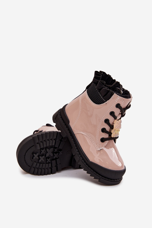Lakované dětské boty zateplené s přezkou medvídek béžové Fionessa