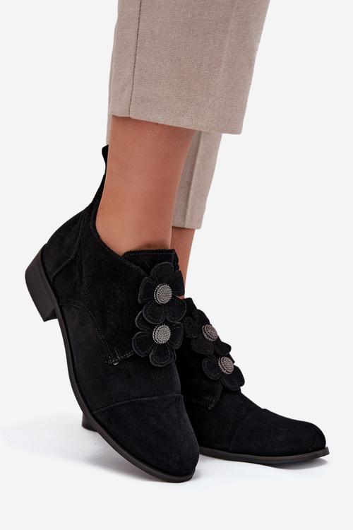Semišové dámske mokasíny s ozdobnými kvetmi Zazoo 3080 Čierne