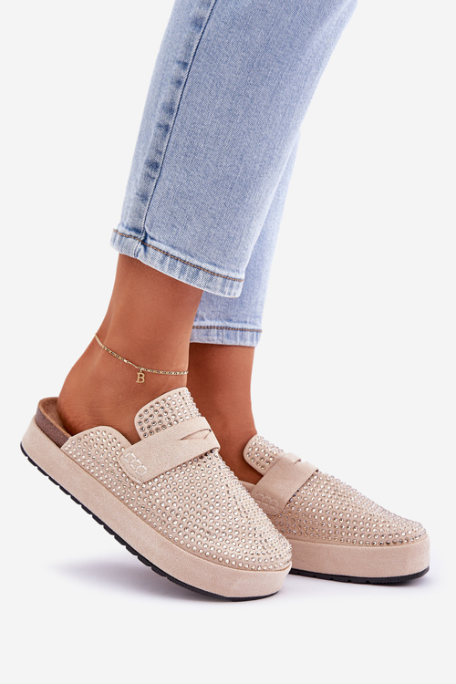 Dámske sandále zdobené zirkónmi na platforme béžové Deorani