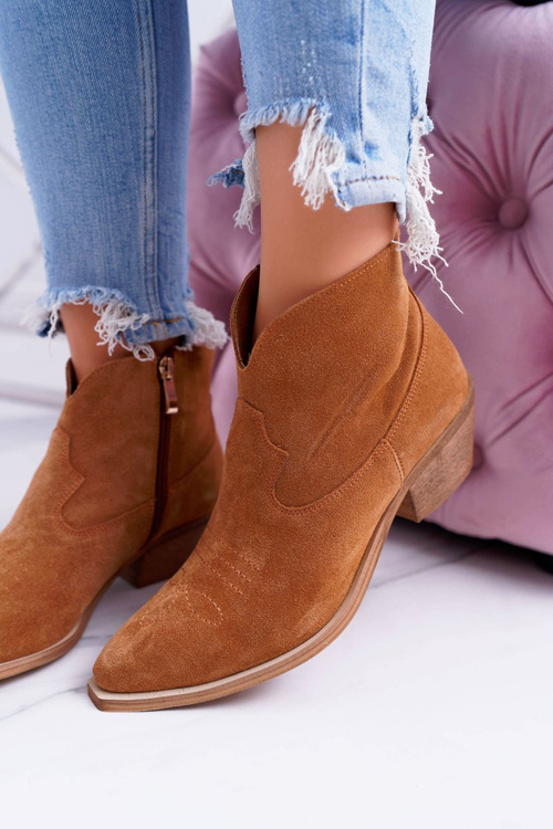 Dámské Kotníkové Ploché Boty Jarní Kožené Cowgirl Camel Batty