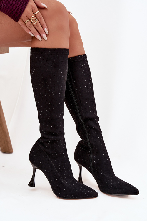 Dámske čižmy na podpätku s ozdobou D&A JC52-883 Čierne