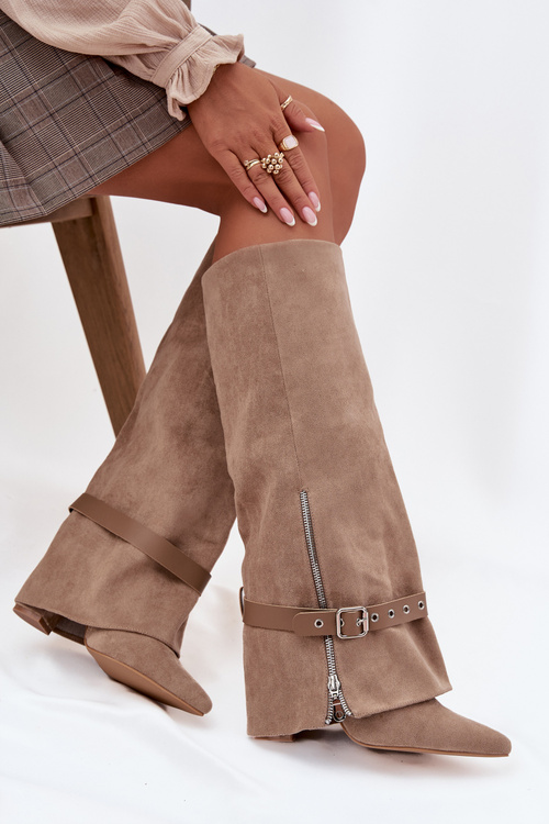 Dámske nazúvacie čižmy na podpätku s ozdobným pásikom Béžové Jolivine