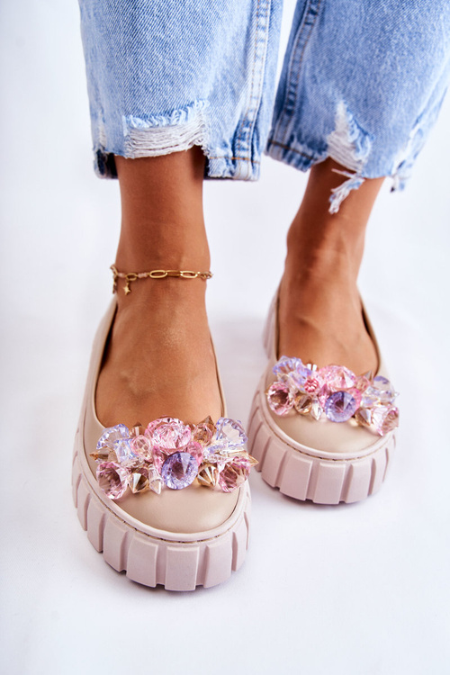 Kožené Baleríny Na Platformě S barevnými Ornamentem béžove Ladette