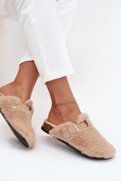 Kožušinové dámske papuče na platforme s pásikom a sponou béžové Noraline