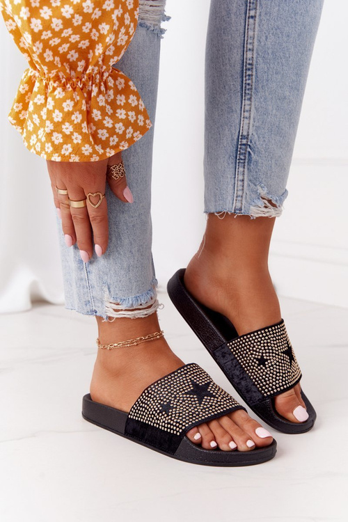 Black Edie Guma Flip Flops s kamienkami