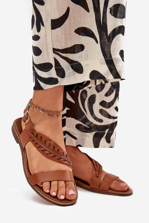 Dámské sandály z přírodní kůže na plochém podpatku Zazoo 3564 Camel