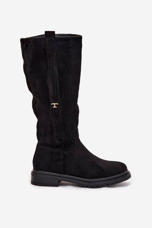 Dámské kozačky s teplou podšívkou na rovné podrážce ekologický semiš černé Delyssa