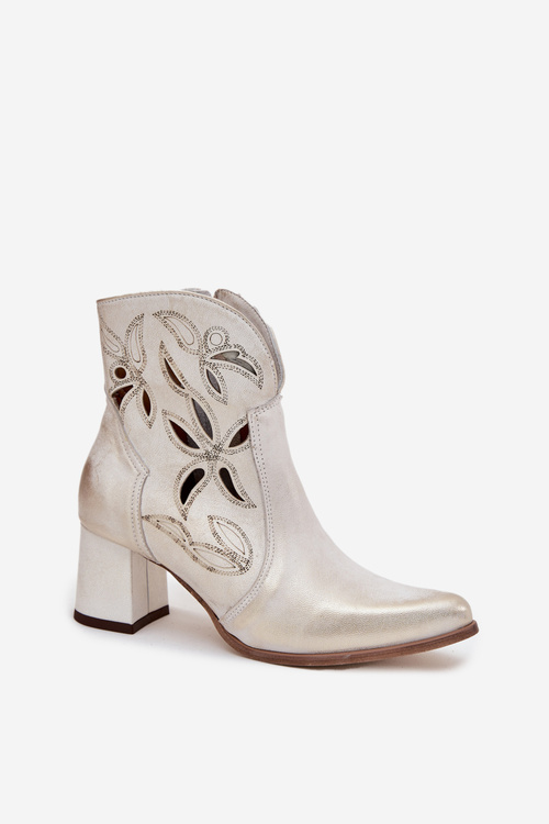 Kožené Prolamované Dámské Kotníkové Boty Na Podpatku Zazoo 3647 Zlatý Opotřebovaný