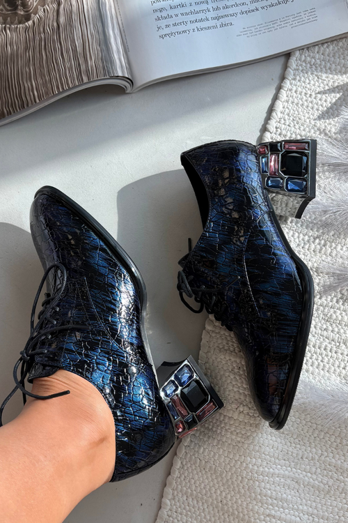 Kožené lakované dámské lodičky na podpatku s krystaly Artiker 55C0428 tmavě modré