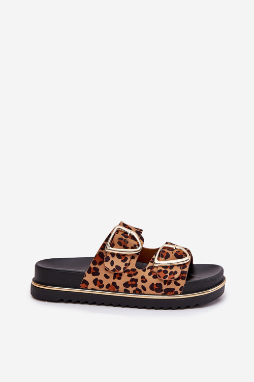 Dámské pantofle s leopardím vzorem na platformě se zlatými přezkami hnědé Tersele