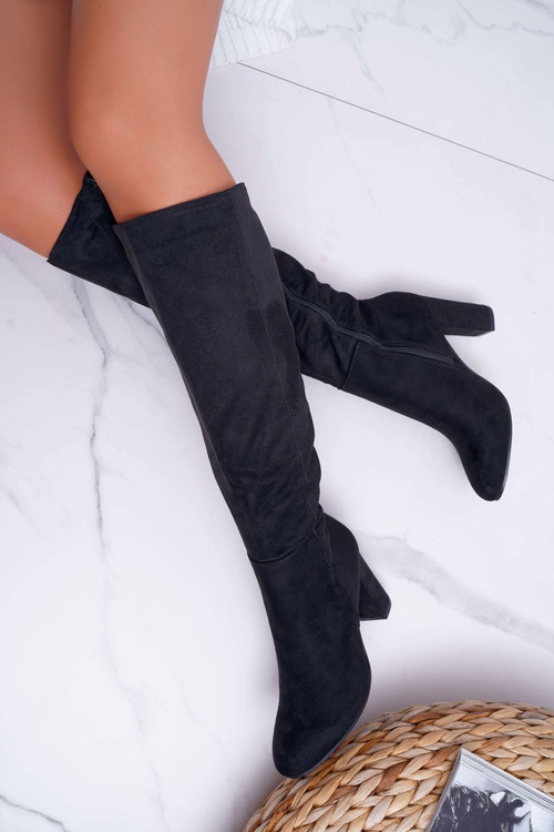 Dámské Kozačky Na Vysokém Podpatku Semišové černé Classy