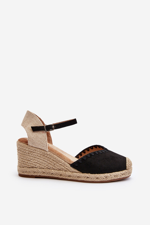 Zamszové sandály espadrilky na klínové podrážce s pletením černé Raylin